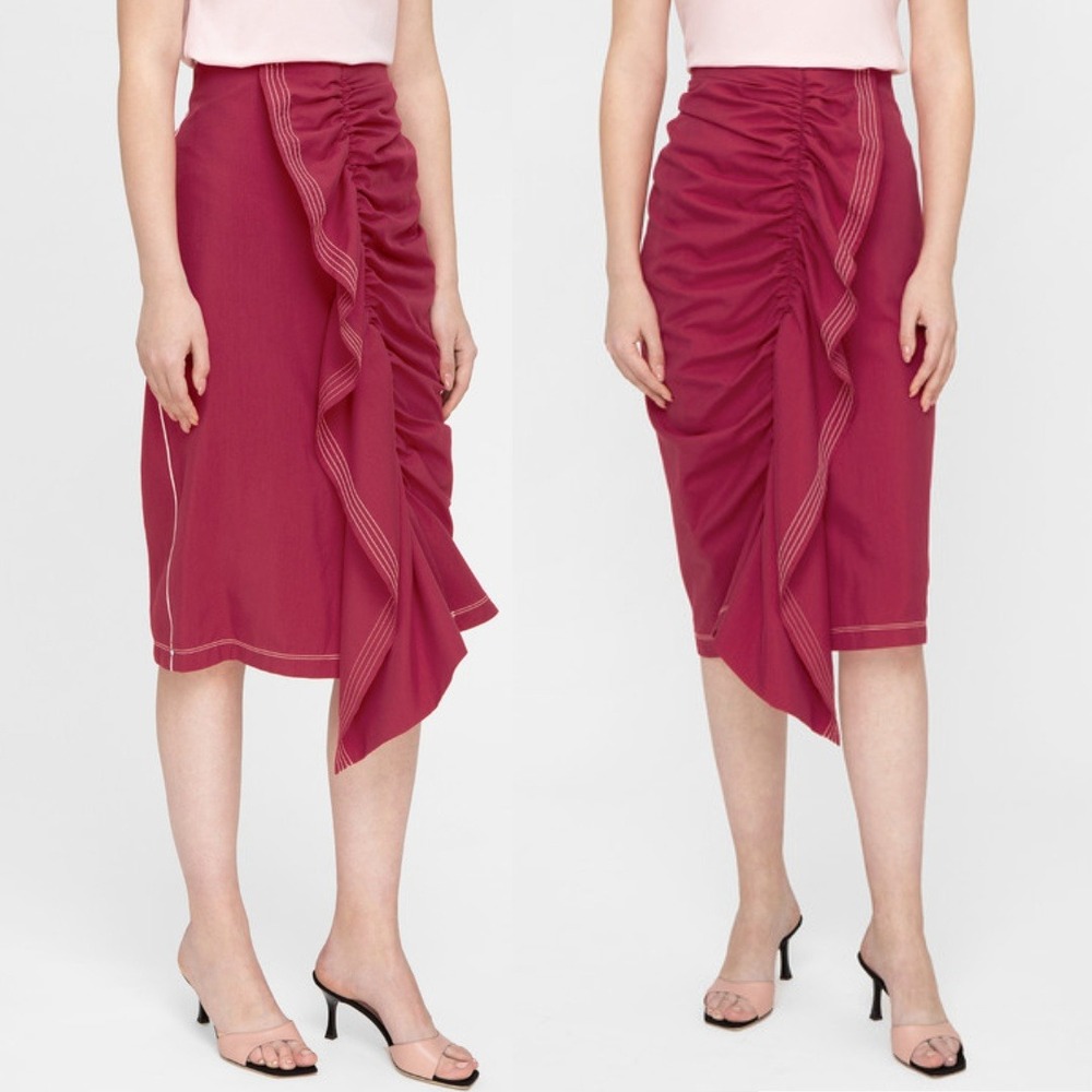Sportmax‎ MaxMara Skirt Red Ruched Drape Front Midi Skirt Size 2